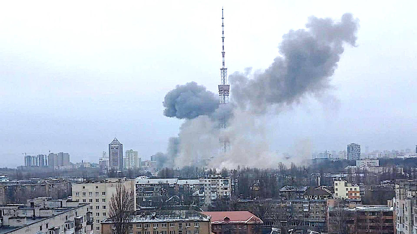 Russian military strikes hit on and around a television tower in Kyiv, Ukraine. The Babyn Yar Holocaust Memorial Center is near the communications tower. Video screen grab via Telegram