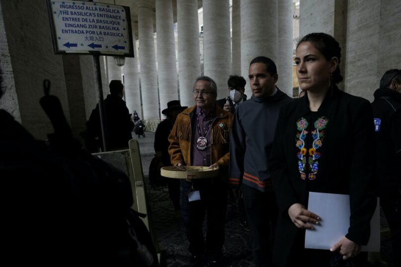 Representatives from the First Nations Inuit and Metis communities, in St. Peter's Square at the Vatican, after their meeting with Pope Francis, on April 1, 2022. (AP Photo/Alessandra Tarantino)