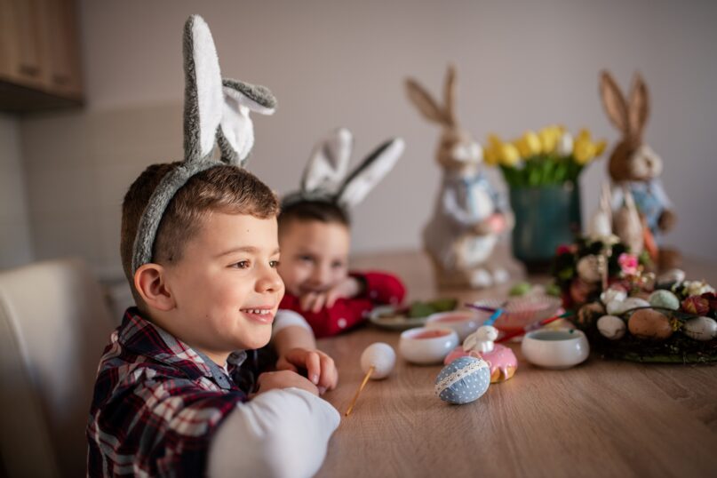 Children celebrating Easter, with their Easter Bunnies and Easter eggs. (Sanja Radin/Collection E+ via Getty Images)