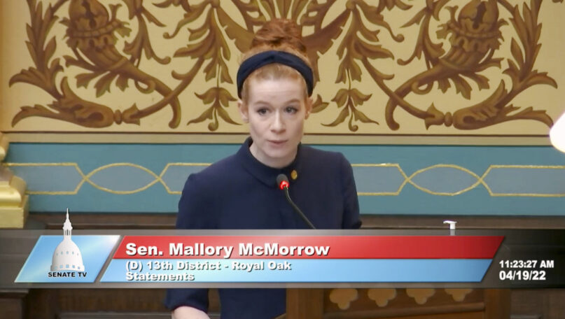 This image taken from video provided by the Michigan Senate shows Sen. Mallory McMorrow speaking on Tuesday, April 19, 2022. The Michigan lawmaker, mother and LGBTQ rights backer who was falsely accused of wanting to 