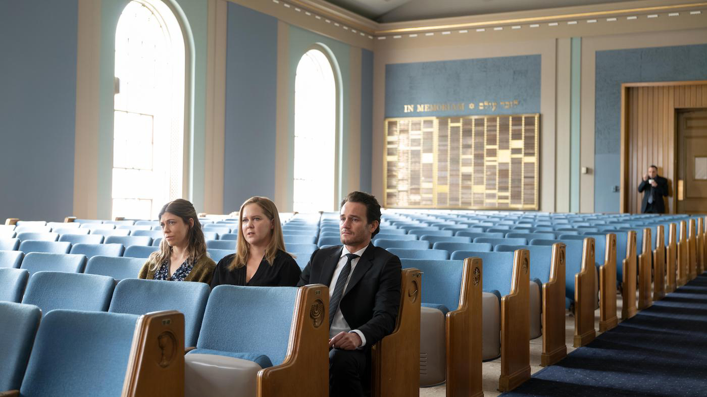 Ann (Susannah Flood), from left, Beth (Amy Schumer) and Matt (Kevin Kane), in Long Island to arrange a fast funeral for Beth's mother in the series "Life & Beth." Photo by Marcus Price/Hulu