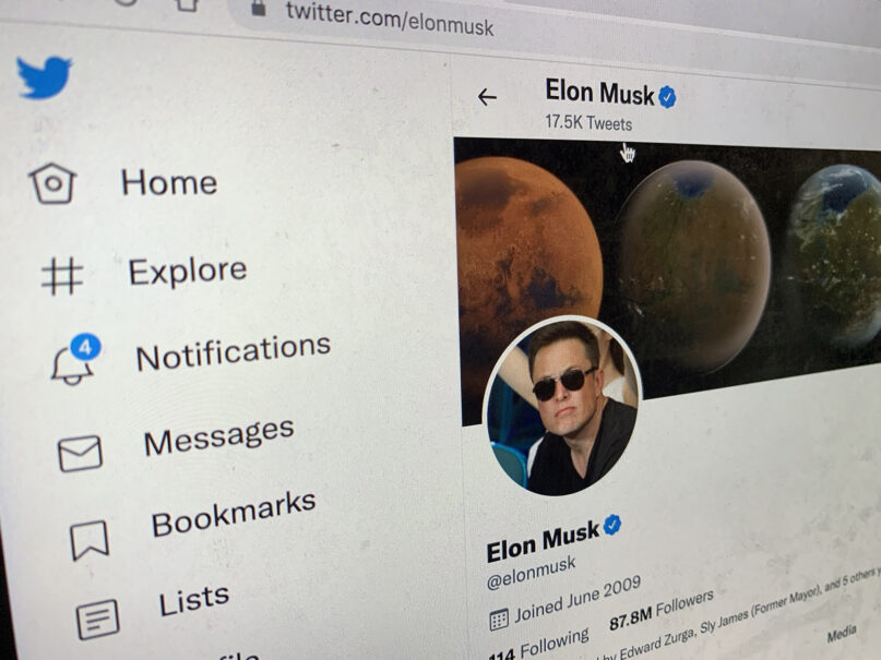 The Twitter page of Elon Musk is seen on a computer screen, April 28, 2022. RNS photo by Kit Doyle