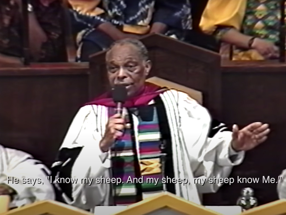 The Rev. Cecil L. “Chip” Murray preaches at First AME Church, May 3, 1992, in Los Angeles. Video scrren shot