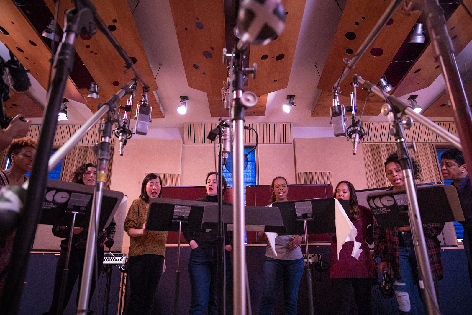 Vocalists Tamika Lawrence, from left, Isabel Santiago, Pearl Sun, Eden Espinosa, Rebecca Covington Webber, Joanne Javien, Jasmin Raen Walker and Marva Hicks record in the studio for “Jesus Christ Superstar: Highlights From the All-Female Studio Cast Recording." Photo by Kat Hennessey