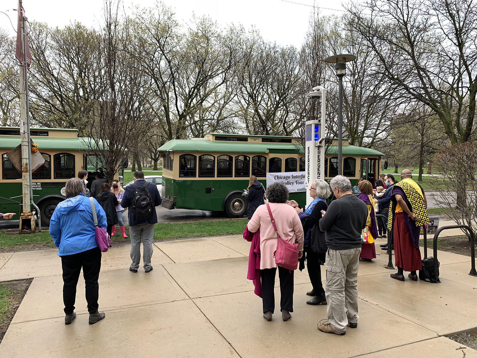 People gather to join the Chicago Interfaith Trolley Tour, Sunday, April 24, 2022. RNS photo by Bob Smietana
