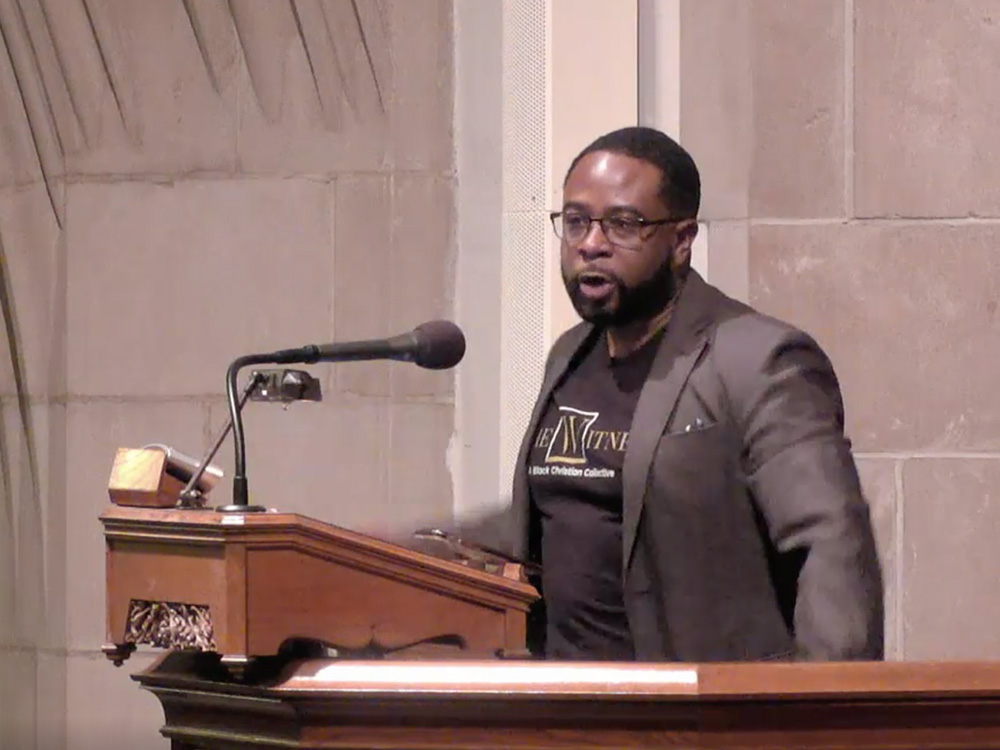 Jemar Tisby speaks at Grove City College in Oct. 2020, in Grove City, Pennsylvania. Video screen grab