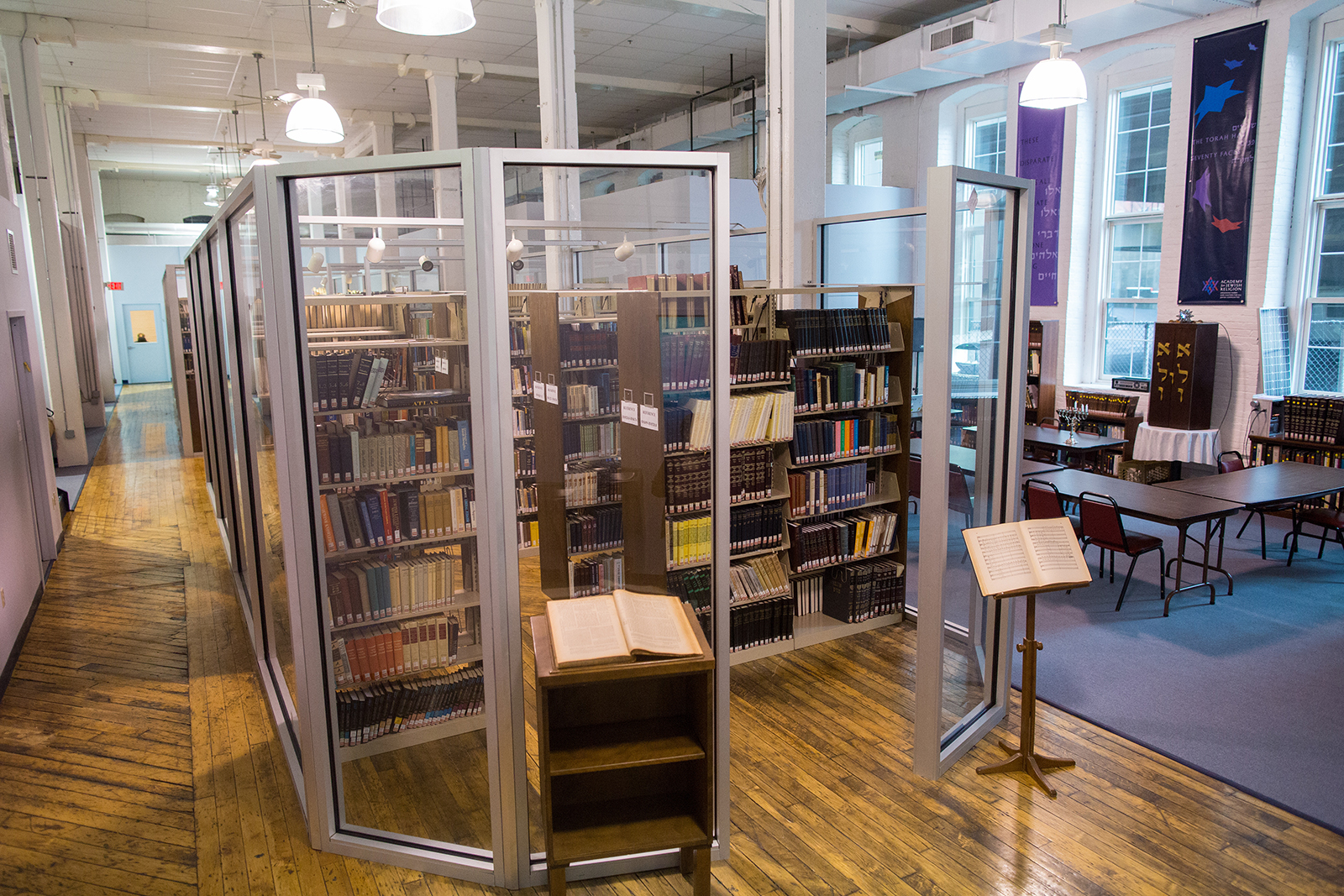 The Academy of Jewish Religion is housed in the old Otis Elevator factory building in Yonkers, New York. It features a glass enclosed library. Photo courtesy of AJR