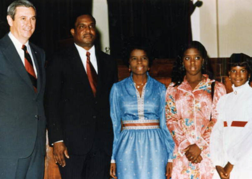 Florida Supreme Court Justice Joseph Hatchett, center left, poses with his family and Gov. Reubin Askew, left, prior to taking the bench in Tallahassee, Florida, on Sept. 2, 1975. Photo courtesy of State Archives of Florida