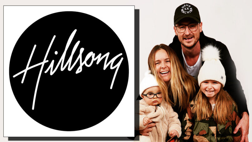 Hillsong Church logo, left, and Josh and Leona Kimes with their children. Images via Hillsong