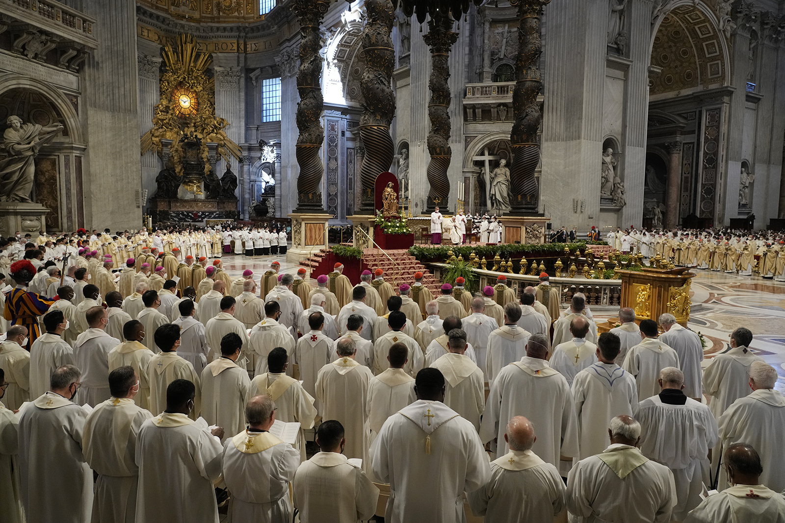 Pope Francis presides over a Chrism Mass inside St. Peter's Basilica, at the Vatican, Thursday, April 14, 2022. During the Mass the Pontiff blesses a token amount of oil that will be used to administer the sacraments for the year. (AP Photo/Gregorio Borgia)