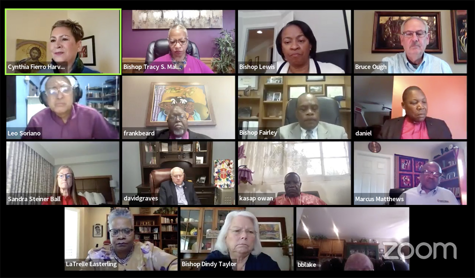 The United Methodist Church Council of Bishops meets online Monday, April 25, 2022, on Zoom. The open session was streamed on Facebook Live. Video screen grab