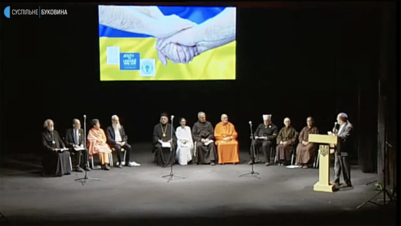 A variety of faith leaders meet in Chernivtsi, Ukraine, Tuesday, April 12, 2022, to denounce violence and express solidarity with Ukrainians. Video screen grab