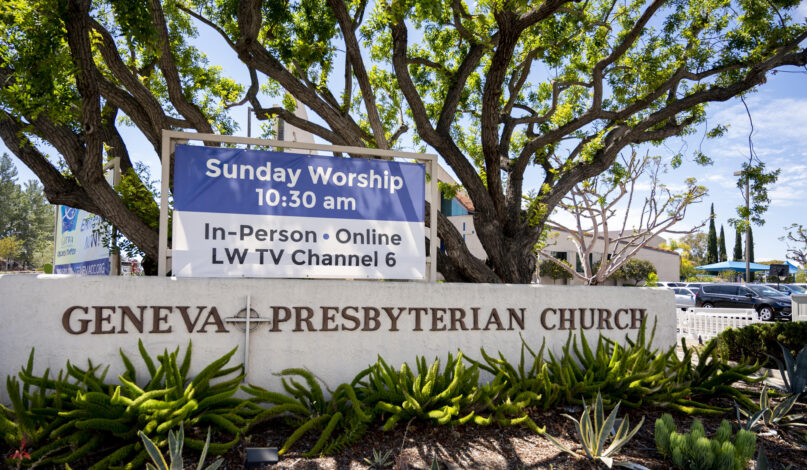 A sign for the Geneva Presbyterian Church in Laguna Woods, Calif., is seen on Sunday, May 15, 2022, after a fatal shooting. (Leonard Ortiz/The Orange County Register via AP)