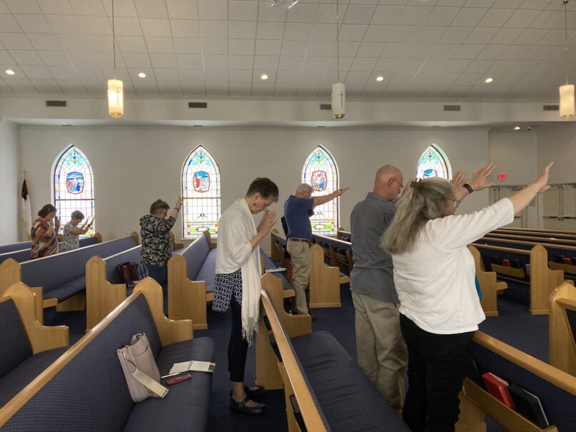 Congregants at Mount Zion UMC Church in Garner, North Carolina, attend a livestreamed worship service from the Wesleyan Covenant Association meeting in Indianapolis on May 6, 2022. RNS photo by Yonat Shimron