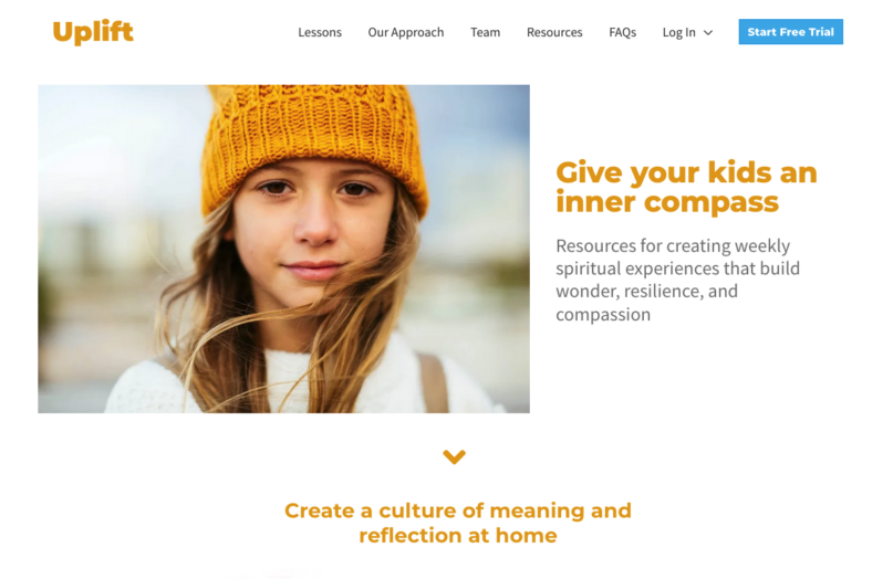 The homepage of Uplift Kids, which provides resources for families to talk about spirituality and values. Screen grab
