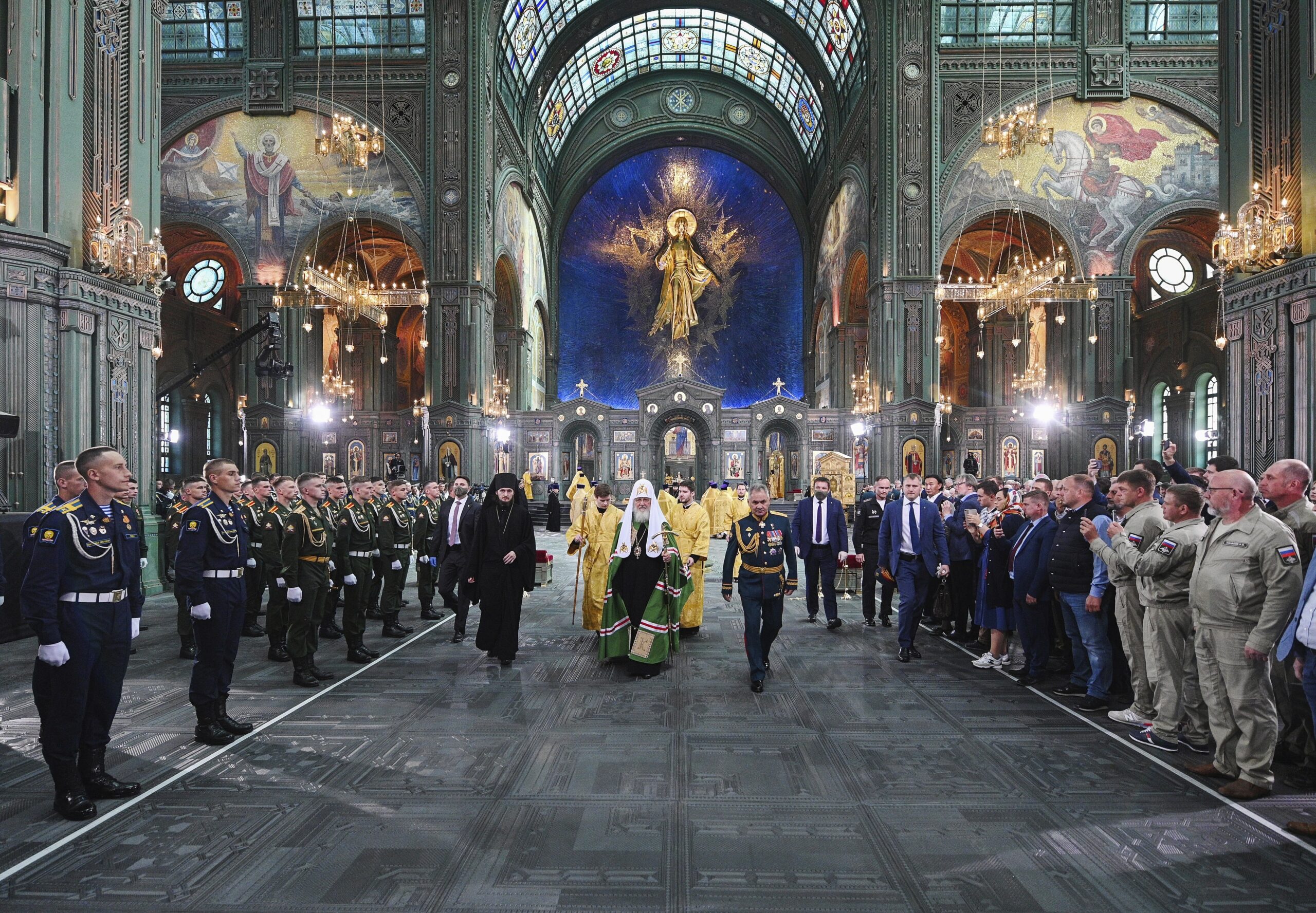 Russian Orthodox Church Patriarch Kirill, center, and Russian Defense Minister Sergei Shoigu, right, at the consecration of the Cathedral of Russian Armed Forces outside Moscow, June 14, 2020. (Oleg Varov, Russian Orthodox Church Press Service via AP)