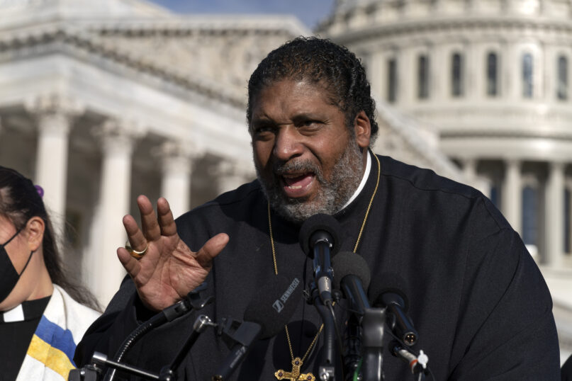 FILE - The Rev. William Barber II of the Poor People's Campaign talks about the need for the 