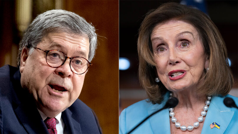 William Barr in 2019, left, and Nancy Pelosi in 2022. (AP Photos)