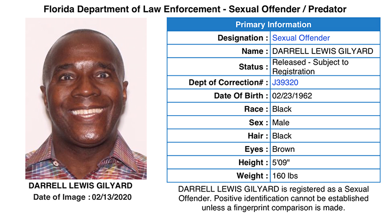 Darrell Gilyard's Florida Sex Offender registry. Screen grab