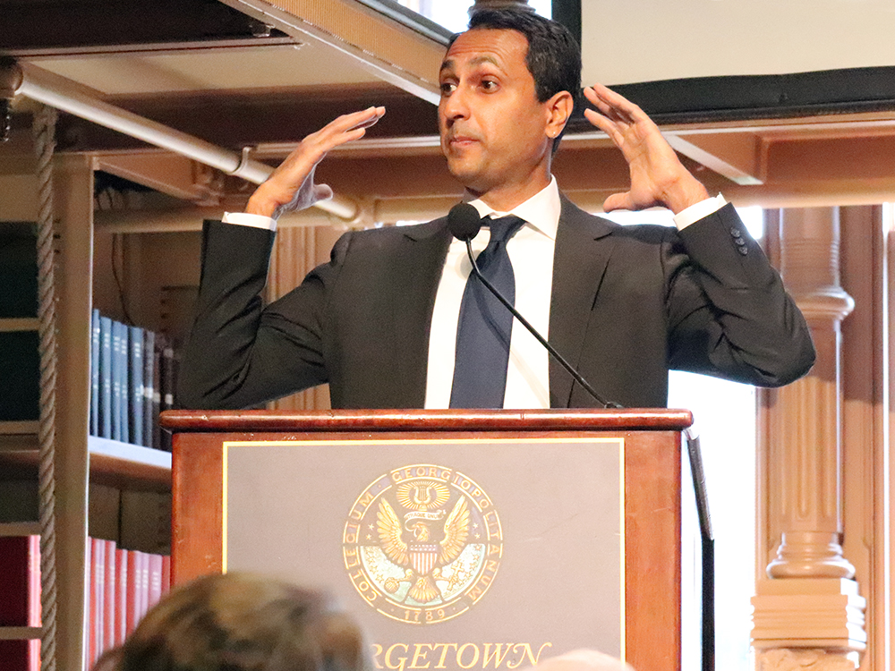 Eboo Patel speaks during an Interfaith America launch event at Georgetown Univesity on Tuesday, May 10, 2022, in Washington. RNS photo by Adelle M. Banks