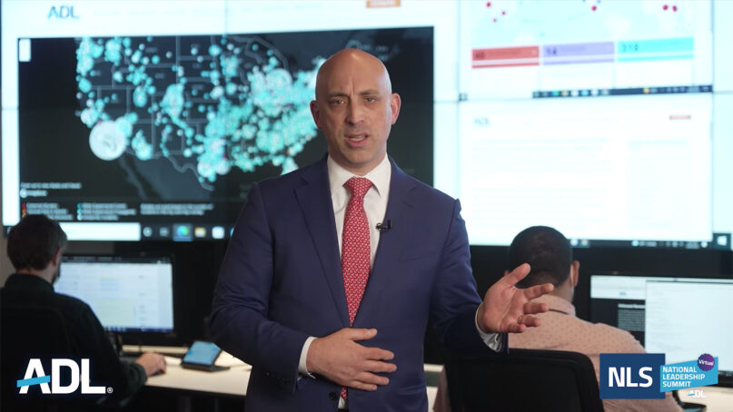 Anti-Defamation League CEO and National Director Jonathan Greenblatt delivers a prerecorded video message during the ADL’s National Leadership Summit, May 1, 2022. Video screen grab