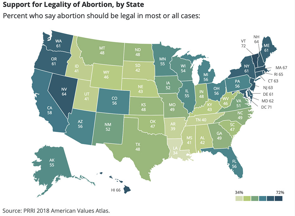 "Support for Legality of Abortion, by State" Graphic courtesy PRRI