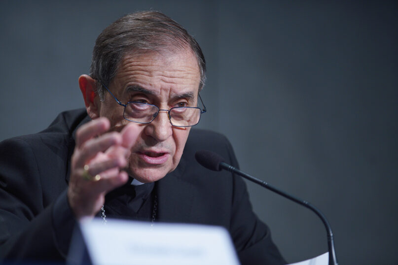 Monsignor Juan Ignacio Arrieta talks to journalists during a news conference at the Vatican’s press room, Rome, May 9, 2019. (AP Photo/Andrew Medichini)