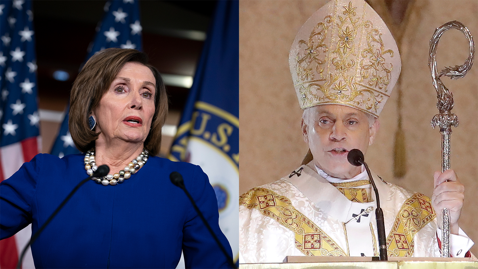 Speaker of the House Nancy Pelosi, left, in 2020. San Francisco Archbishop Salvatore Cordileone, right, in 2020. (AP Photos)