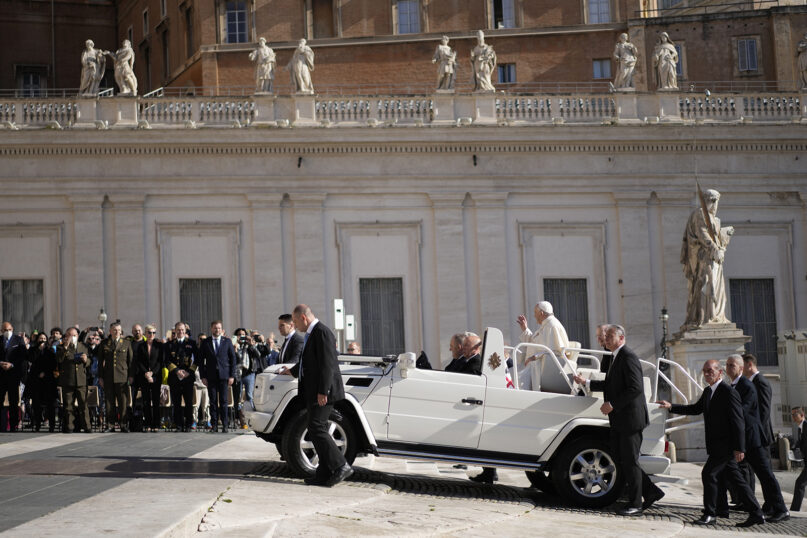 Pope Francis arrives to start his weekly general audience in St. Peter’s Square, at the Vatican, April 27, 2022. (AP Photo/Andrew Medichini)