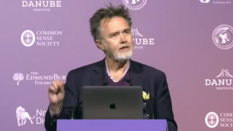 Rod Dreher addresses the Brussels National Conservatism Conference on March 23, 2022. Video screen grab