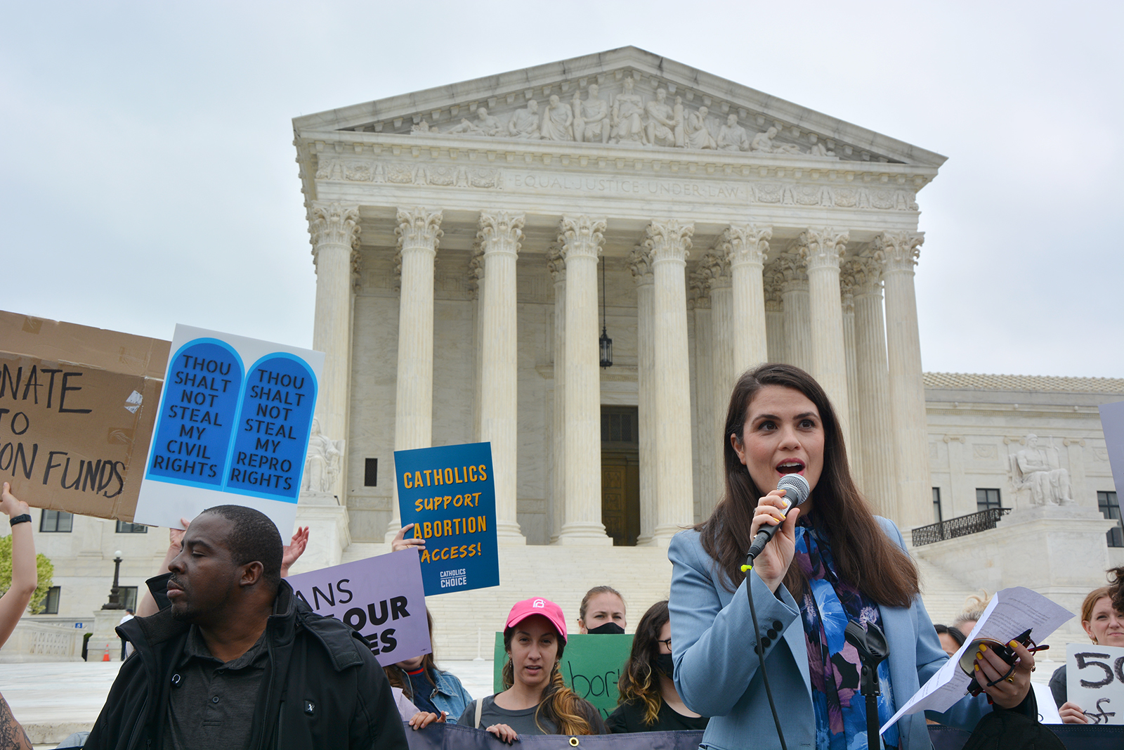 Sheila Katz, of the National Council of Jewish Women, speaks during demonstrations in front of the Supreme Court, Tuesday, May 3, 2022, in Washington. RNS photo by Jack Jenkins