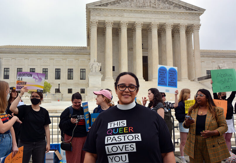 The Rev. Sofía Betancourt in front of the Supreme Court, Tuesday, May 3, 2022, in Washington. RNS photo by Jack Jenkins