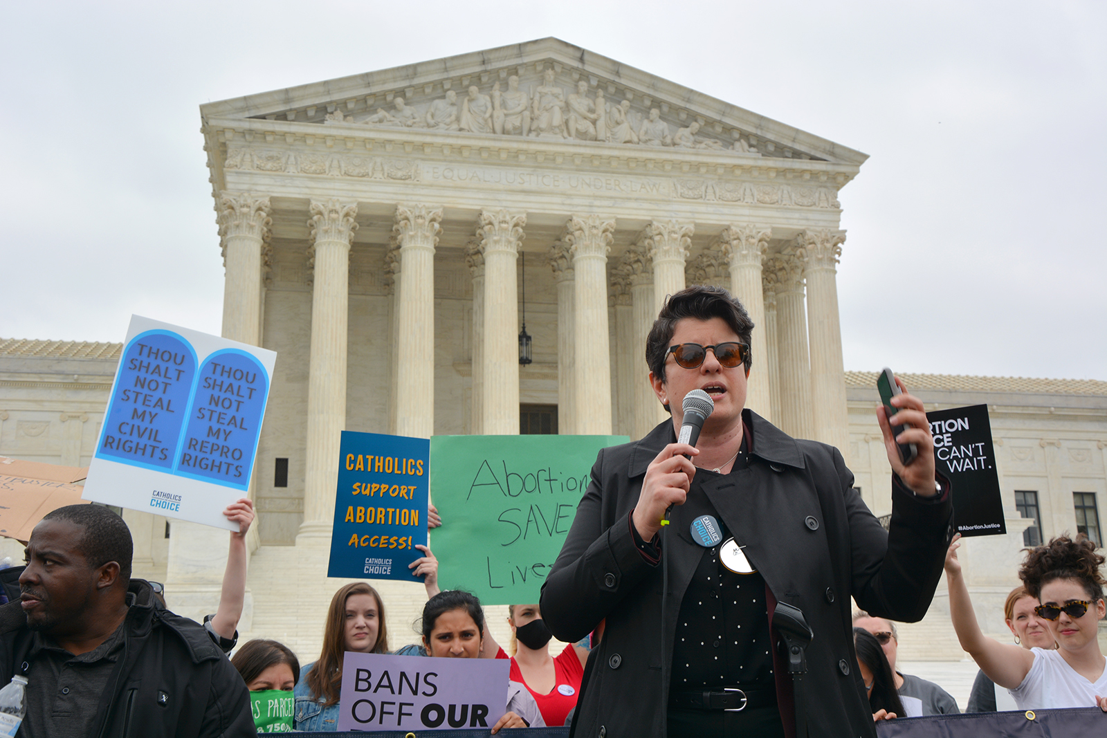 Jamie Manson, head of Catholics for Choice, speaks during demonstrations in front of the U.S. Supreme Court, Tuesday, May 3, 2022, in Washington. RNS photo by Jack Jenkins