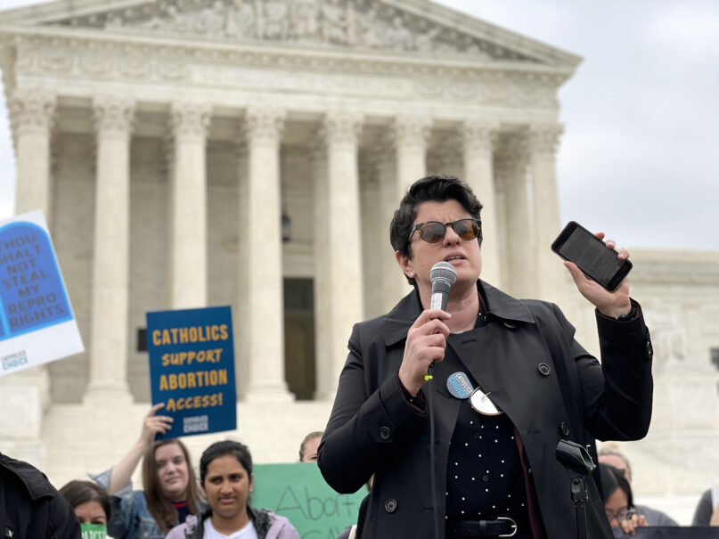 Jamie Manson, head of Catholics for Choice, speaks during demonstrations in front of the U.S. Supreme Court, May 3, 2022, in Washington. RNS photo by Jack Jenkins