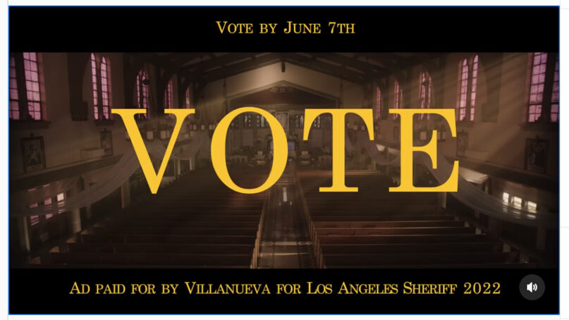 A still from a campaign ad for Alex Villanueva filmed in St. Alphonsus Church in East Los Angeles. Video screen grab