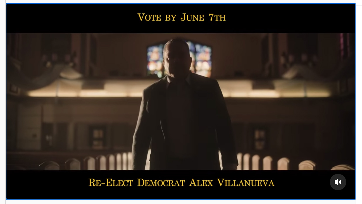 A still from a campaign ad video for Alex Villanueva filmed in St. Alphonsus Church in East Los Angeles. Video screen grab