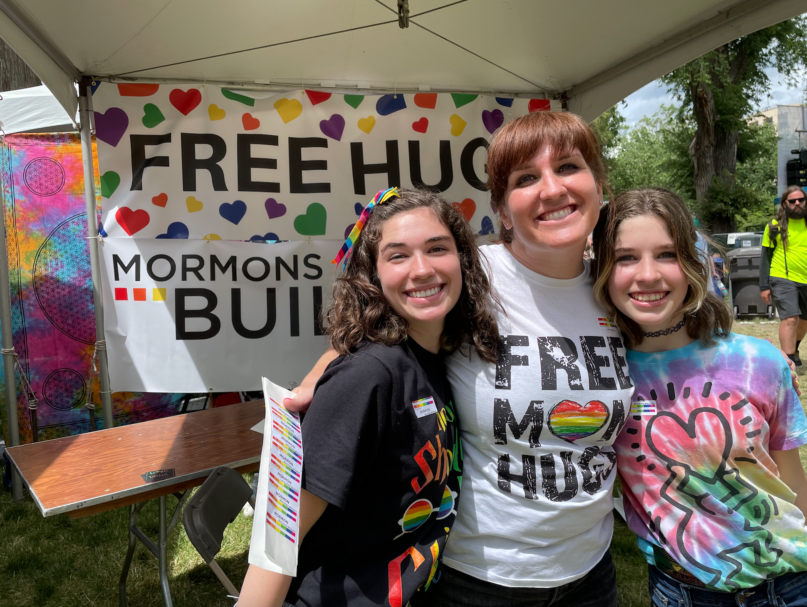Tiffany Nutter and her daughters at the Mormons Building Bridges booth, Utah Pride Festival, Salt Lake City, June 5, 2022. RNS photo by Jana Riess