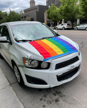 A car parked just outside the Utah Pride Festival gates in Salt Lake City, June 5, 2022. RNS photo by Jana Riess