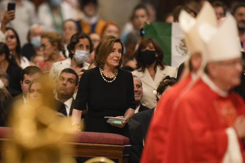 Speaker of the House Nancy Pelosi, D-Calif., looks at Pope Francis as he celebrates a Mass on the Solemnity of Sts. Peter and Paul, in St. Peter’s Basilica at the Vatican, June 29, 2022. (AP Photo/Alessandra Tarantino)