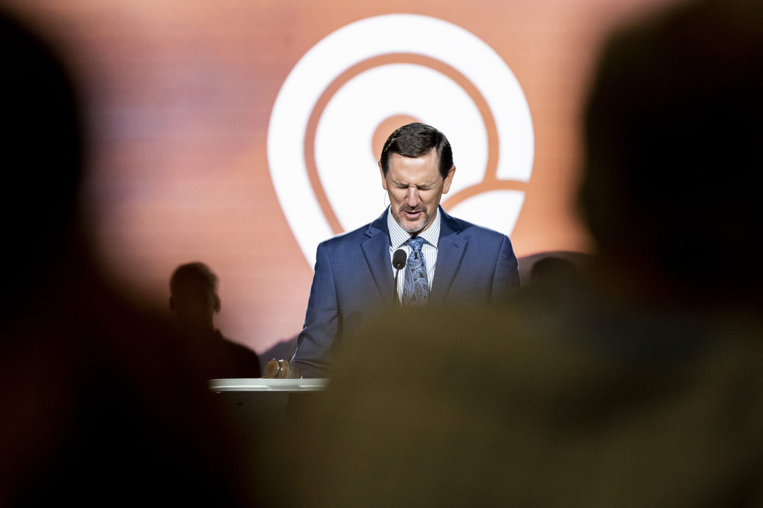 Paul Chitwood, president, International Mission Board, prays during the Southern Baptist Convention held at the Anaheim Convention Center in Anaheim, California, on Tuesday, June 14, 2022. Photo by Justin L. Stewart/Religion News Service