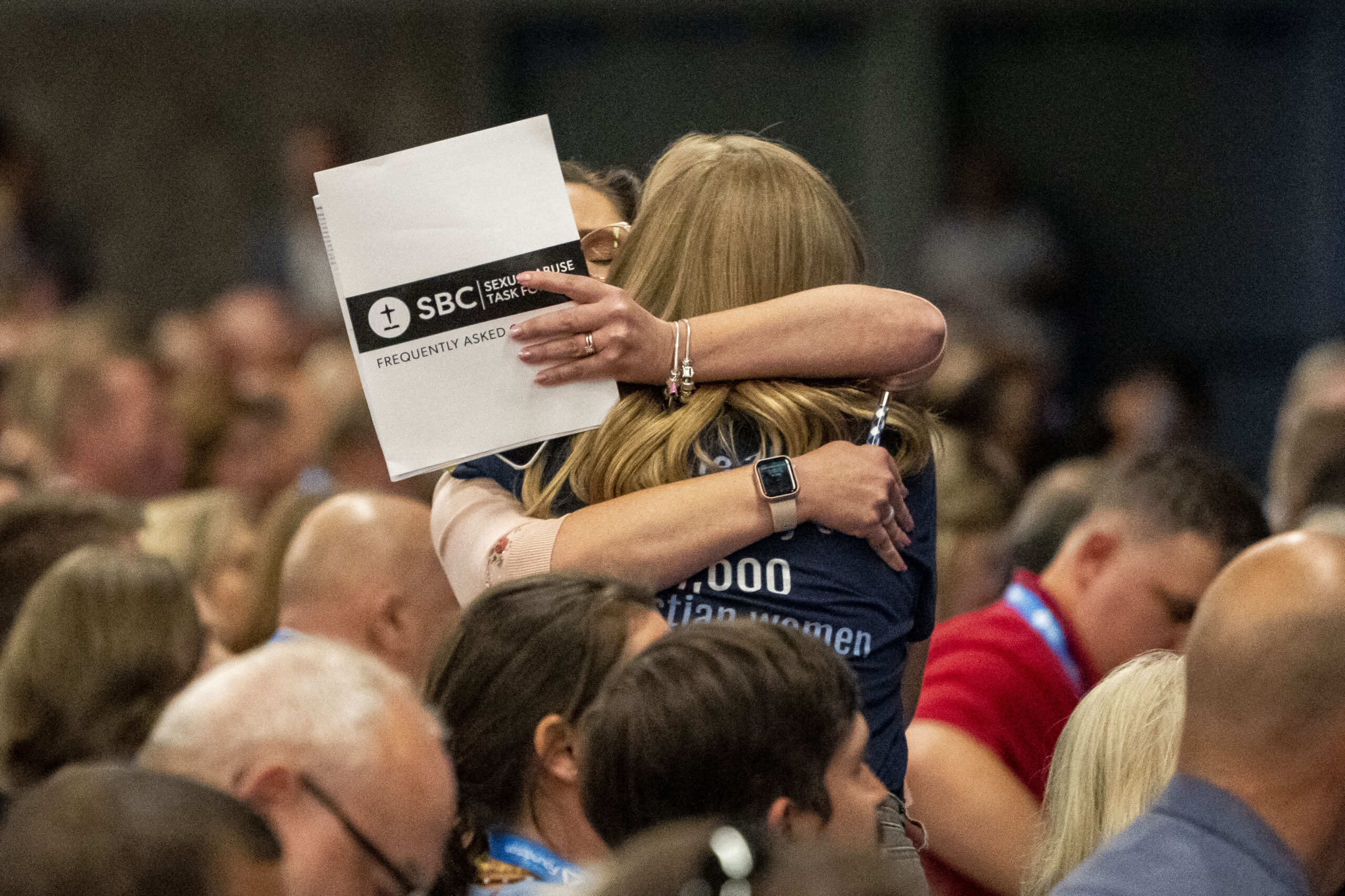 People celebrate the passing of the second recommendation from the Sexual Abuse Task Force during the Southern Baptist Convention, held at the Anaheim Convention Center in Anaheim, California, on Tuesday, June 14, 2022. Photo by Justin L. Stewart/Religion News Service