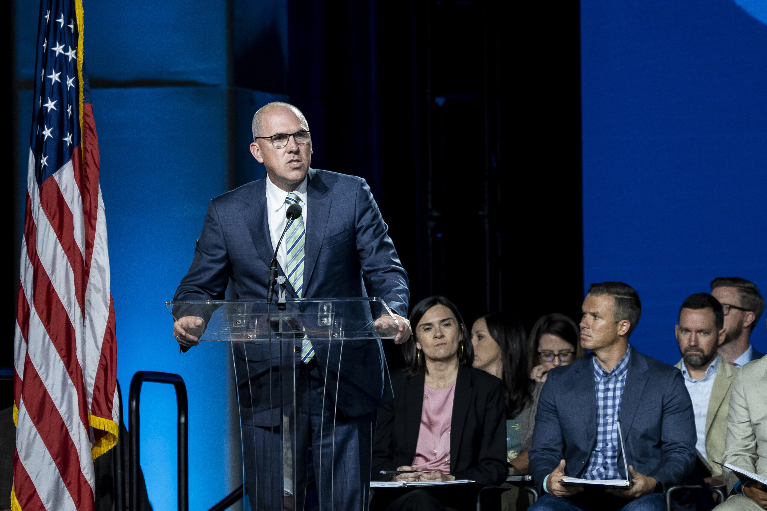 Pastor Bart Barber speaks during the Southern Baptist Convention annual meeting at the Anaheim Convention Center in Anaheim, California, on June 14, 2022. Barber was elected president that night in a runoff vote. Photo by Justin L. Stewart/Religion News Service