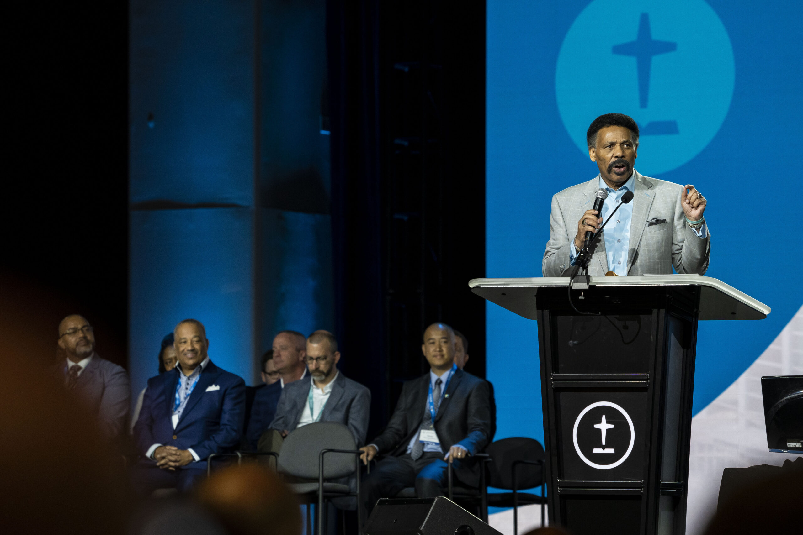 Tony Evans speaks on stage during the Jesus, the Center of Racial Reconciliation: Adopting a Kingdom Race Mindset segment at the Southern Baptist Convention annual meeting, held at the Anaheim Convention Center in Anaheim, California, on Wednesday, June 15, 2022. Photo by Justin L. Stewart/Religion News Service