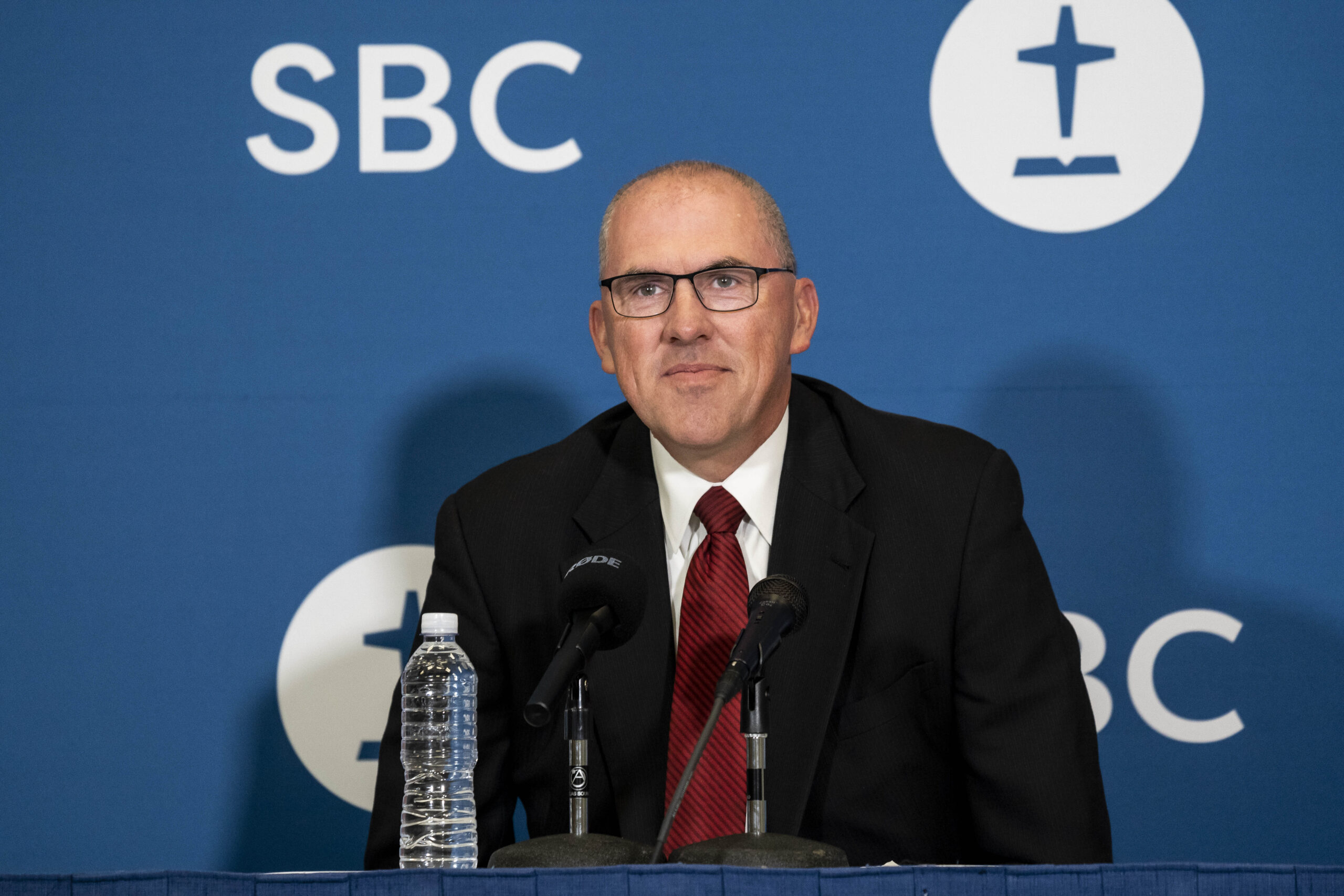 Newly elected SBC president Bart Barber speaks during a press conference at the Southern Baptist Convention annual meeting, held at the Anaheim Convention Center in Anaheim, California, on Wednesday, June 15, 2022. Photo by Justin L. Stewart/Religion News Service