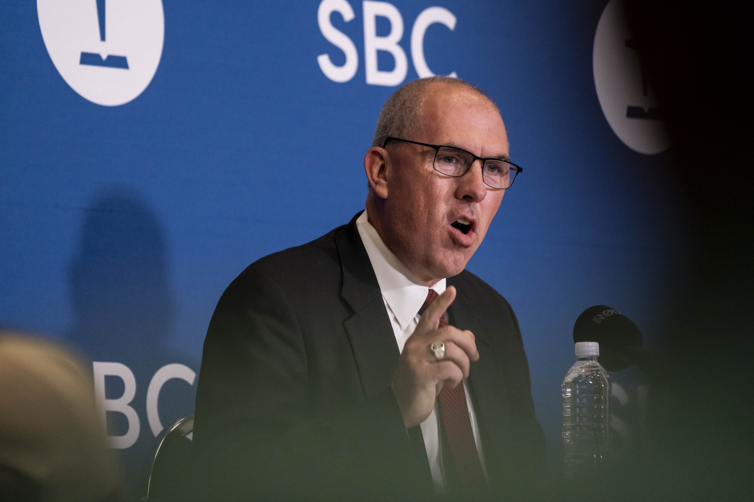 Newly elected SBC President Bart Barber speaks during a press conference at the Southern Baptist Convention annual meeting, held at the Anaheim Convention Center in Anaheim, California, on Wednesday, June 15, 2022. Photo by Justin L. Stewart/Religion News Service