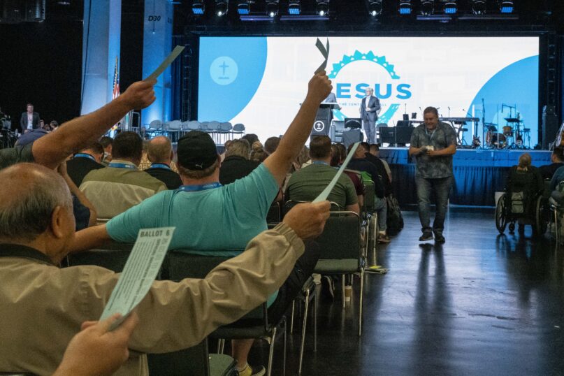 Ballots are collected after a vote at the Southern Baptist Convention annual meeting on Wednesday, June 15, 2022, in Anaheim, California. Photo by Justin L. Stewart/Religion News Service