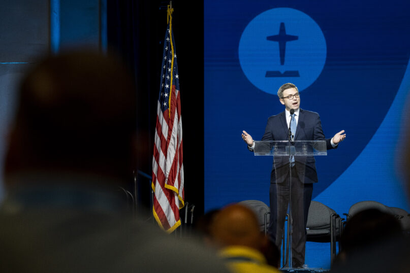 Brent Leatherwood speaks in defense of the Ethics and Religious Liberty Commission at the Southern Baptist Convention annual meeting in Anaheim, California, on Wednesday, June 15, 2022. RNS photo by Justin L. Stewart