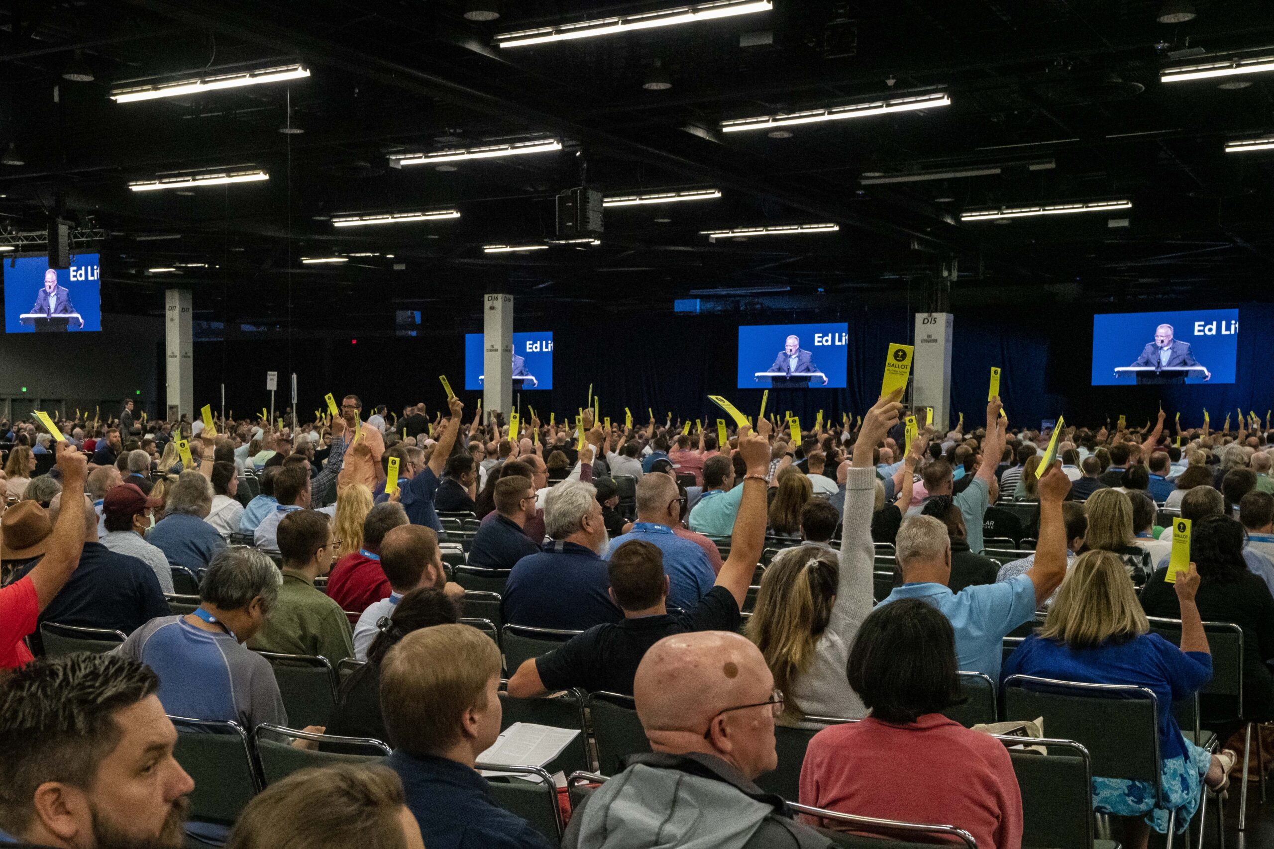 People vote in opposition of abolishing the Ethic and Religious Liberty Commission at the Southern Baptist Convention annual meeting, held at the Anaheim Convention Center in Anaheim, California, on Wednesday, June 15, 2022. Photo by Justin L. Stewart/Religion News Service