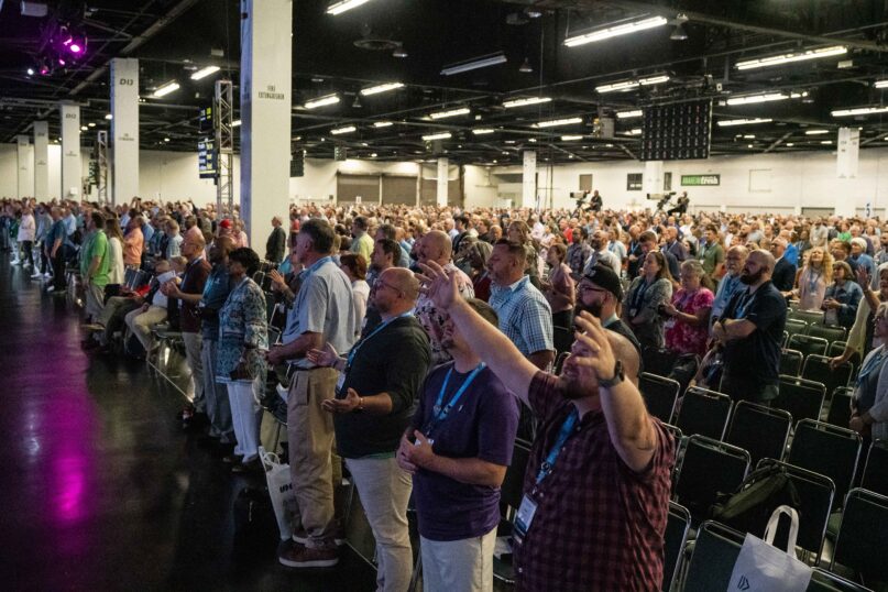 People sing at the Southern Baptist Convention annual meeting in Anaheim, California, on June 15, 2022. RNS photo by Justin L. Stewart