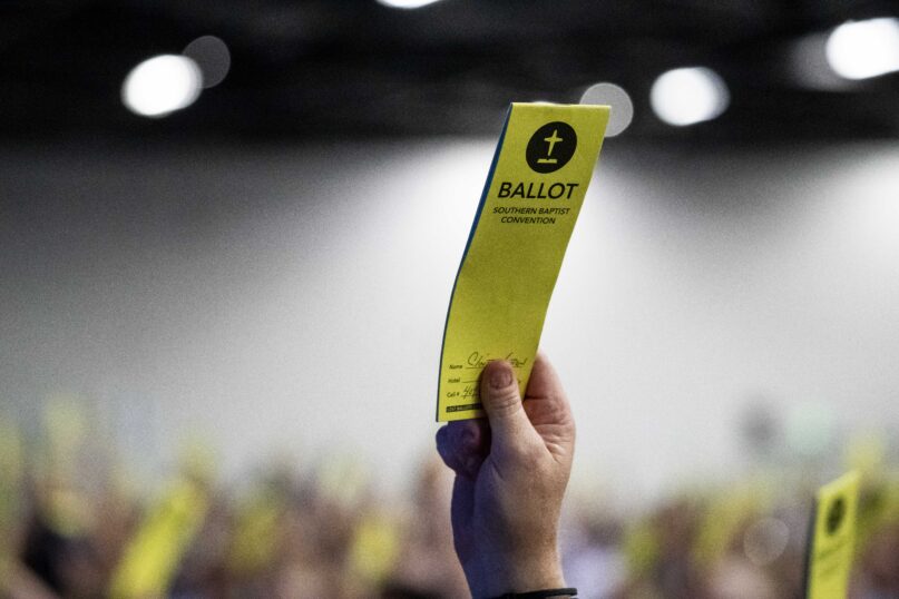 A ballot is held up during a vote at the Southern Baptist Convention annual meeting in Anaheim, California, on June 15, 2022. RNS photo by Justin L. Stewart